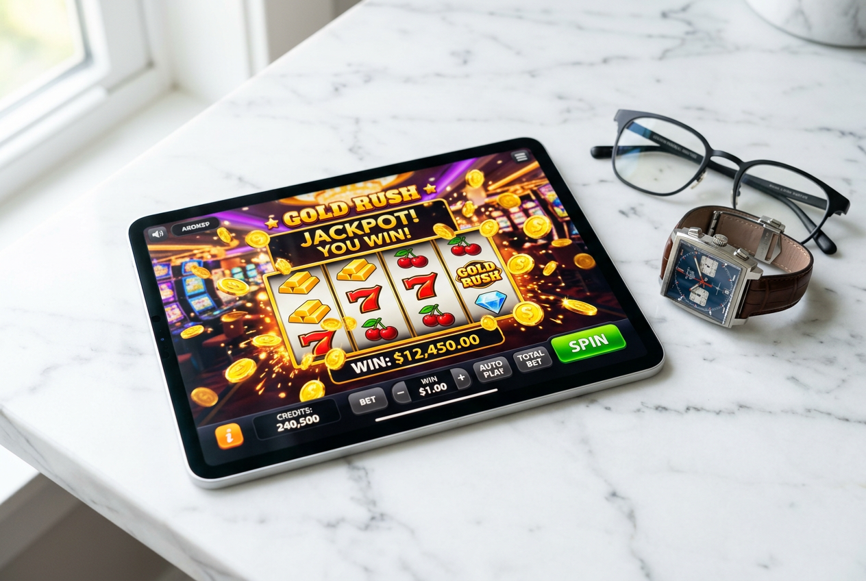 A tablet showing online casino games and gold rewards.