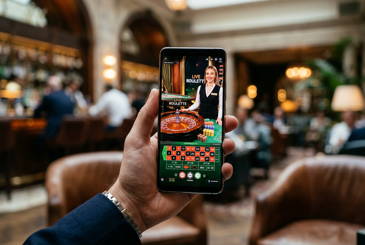 A high-end smartphone displaying a live casino interface.