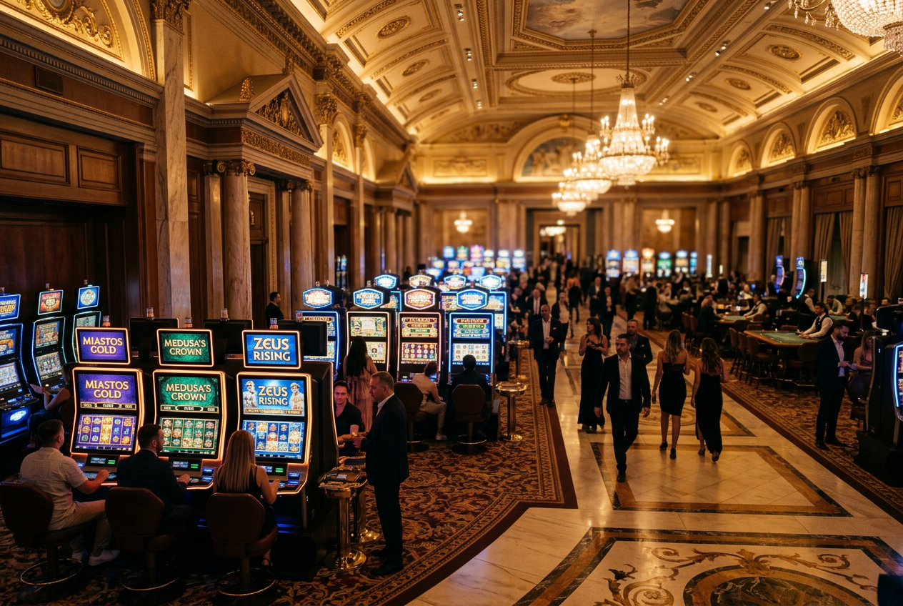 Luxurious casino interior with golden lighting and slot machines