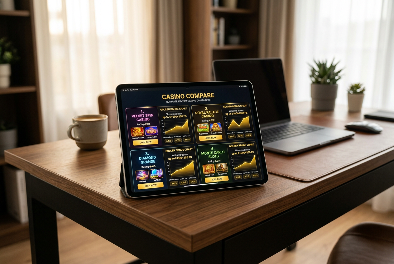 A high-end digital interface showing casino game comparisons.